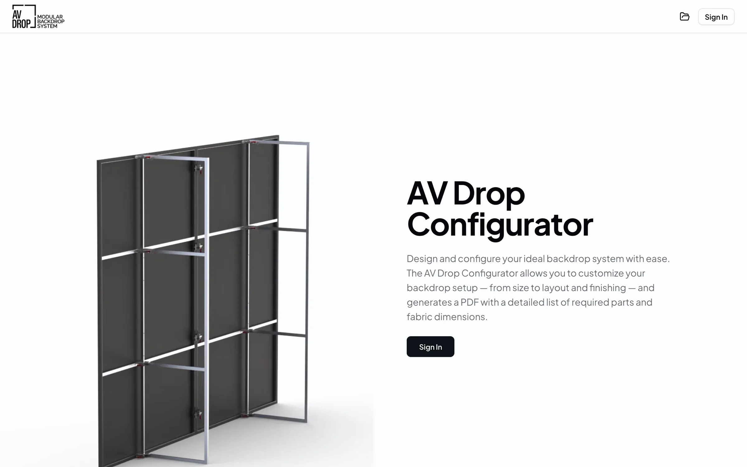 The AV Drop configurator landing page, showing a 3D render of a modular backdrop frame system.