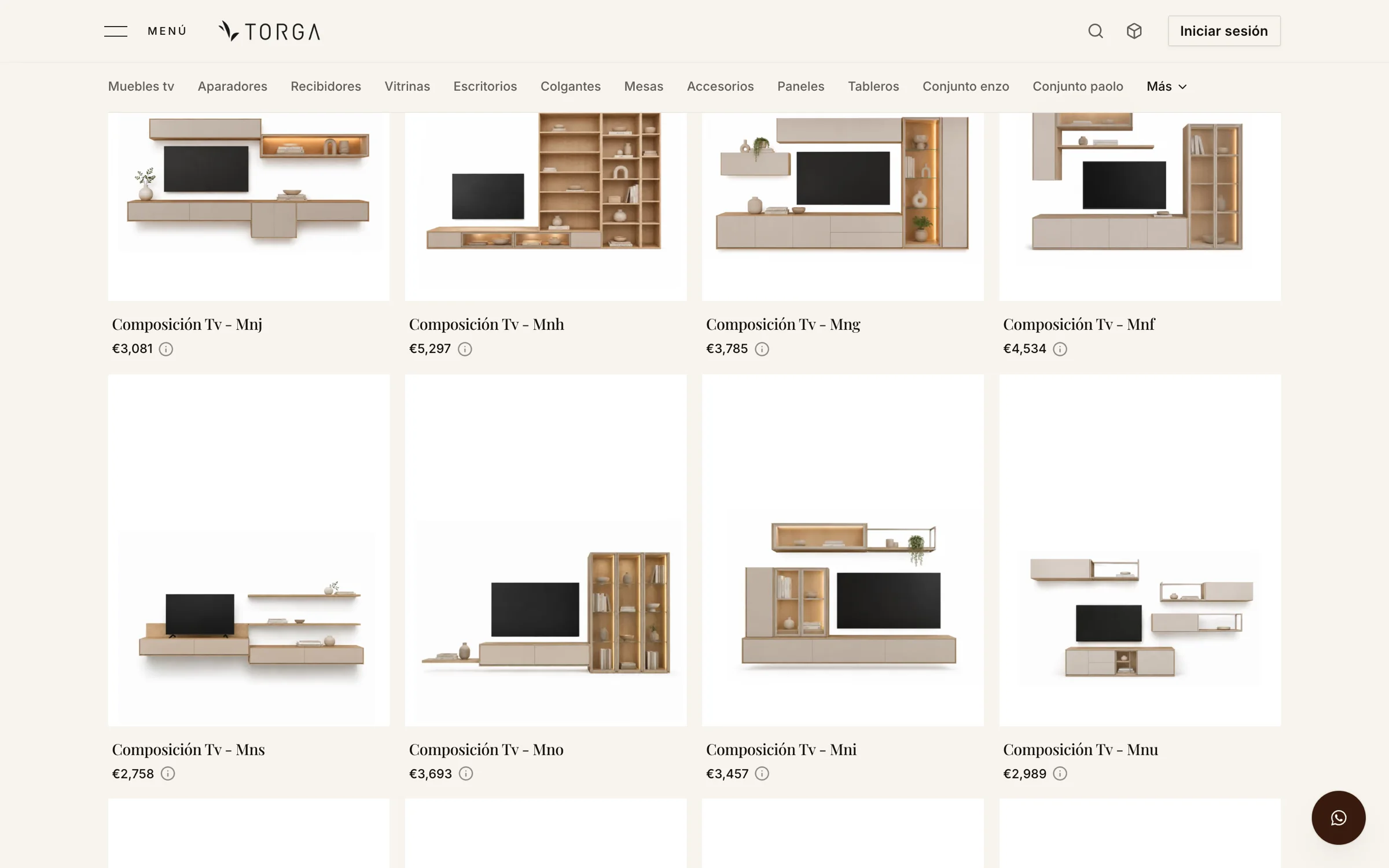 The Muebles Torga TV-composition category, listing configurable modules with reference codes and prices.