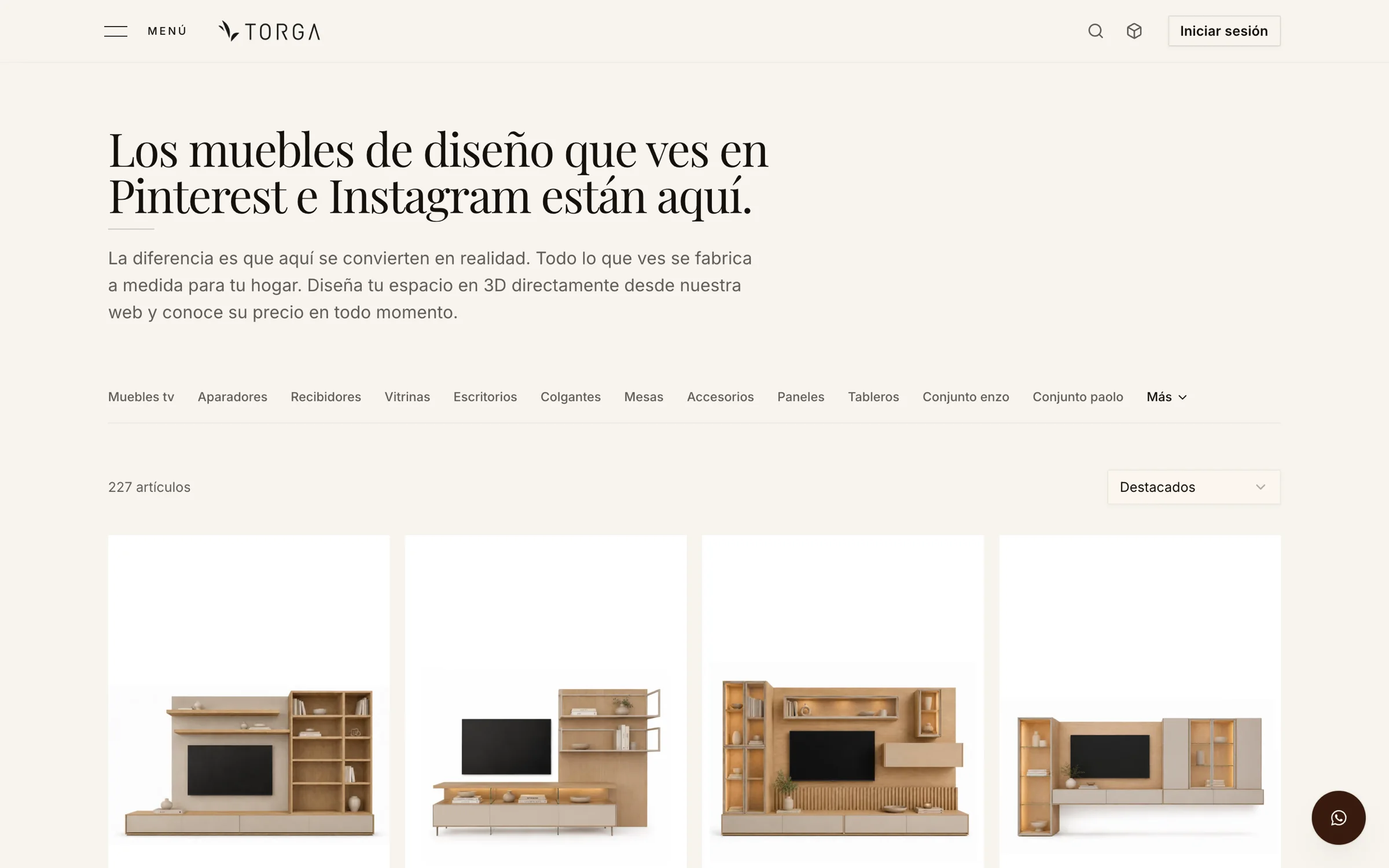 The Muebles Torga storefront: a headline over the category bar, an item count, and the first row of modular TV compositions.