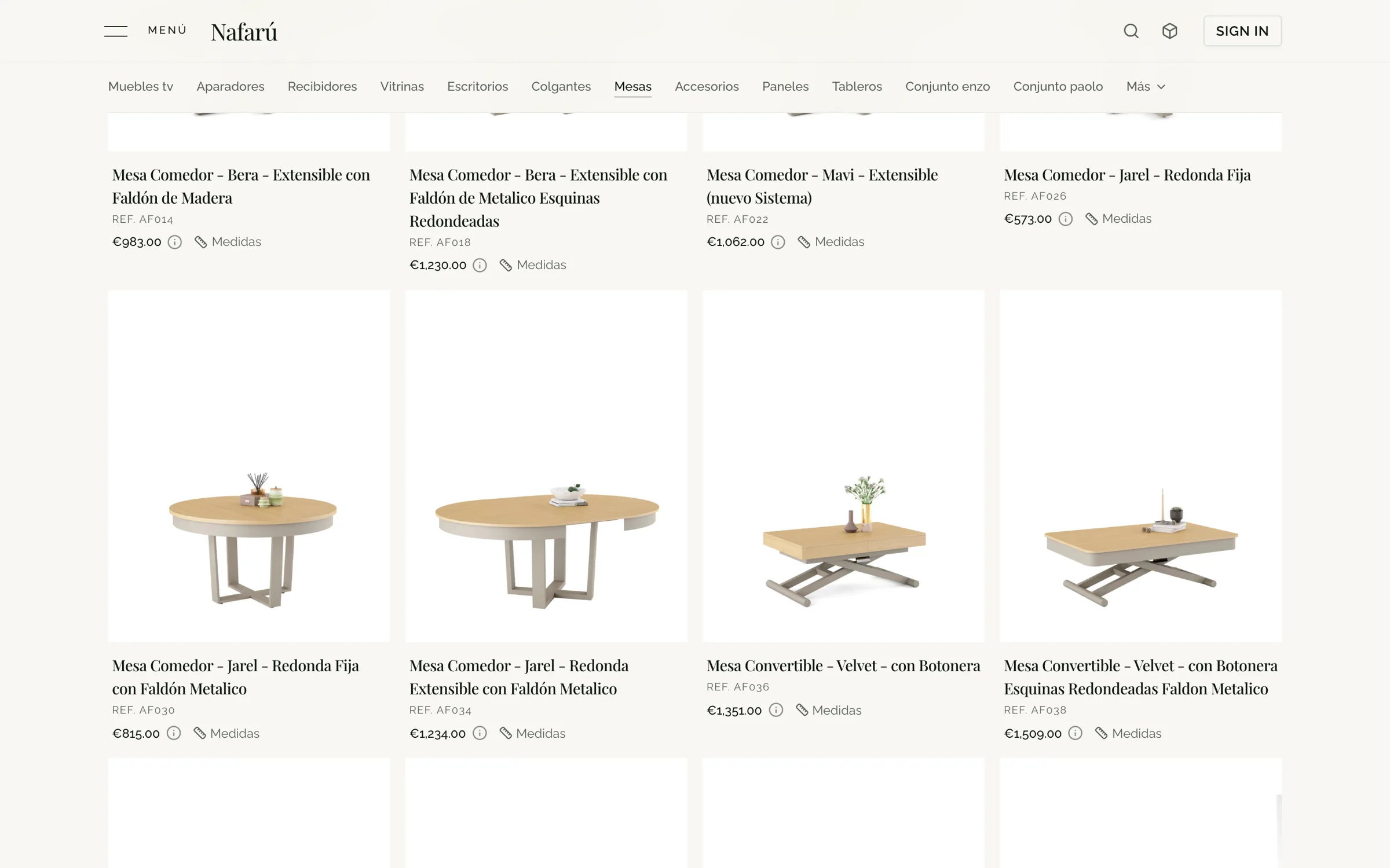 The Nafarú dining-table category, showing made-to-measure tables with reference codes and prices.