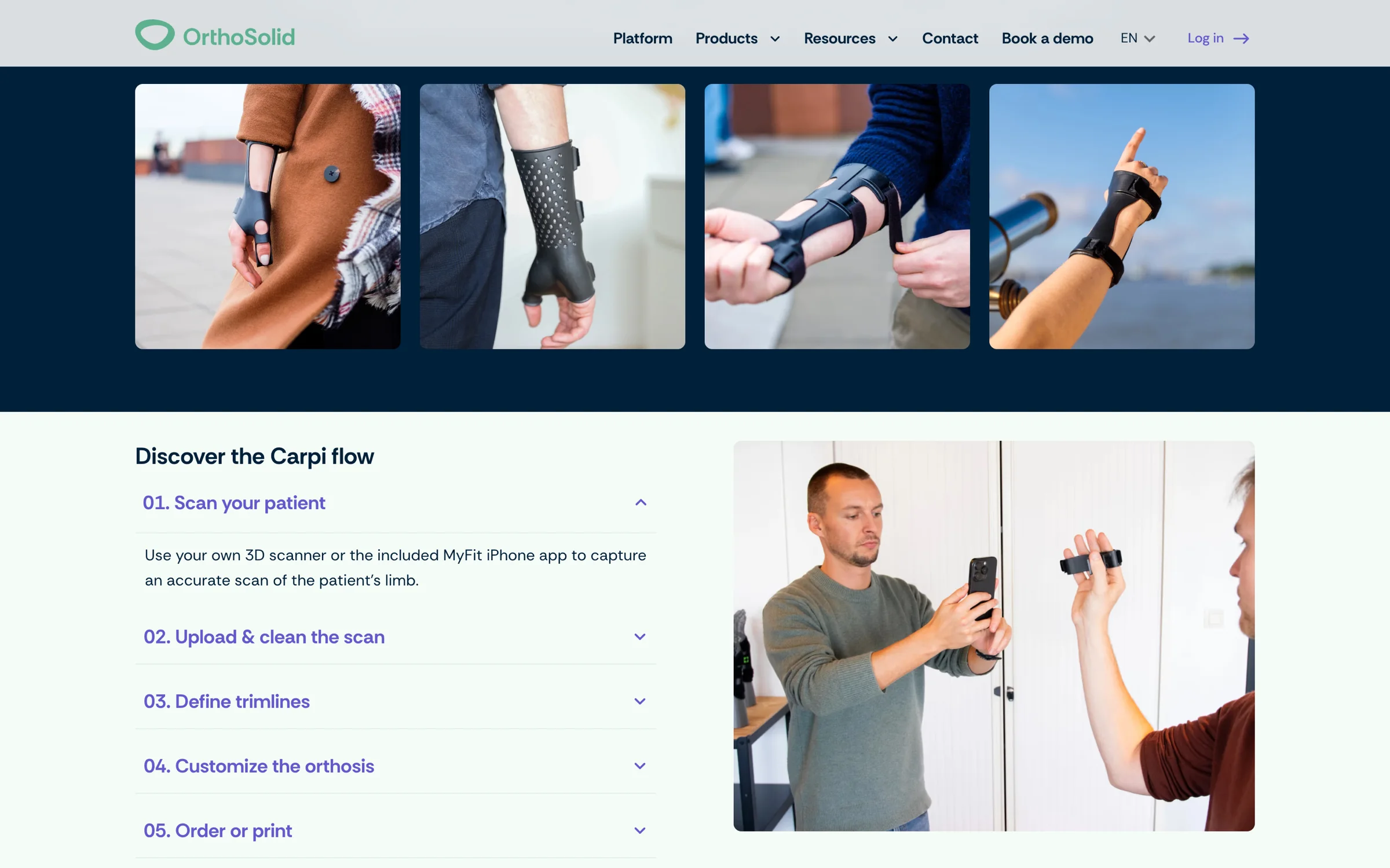 The OrthoSolid CARPI product page, showing 3D-printed wrist and hand orthoses worn by patients.