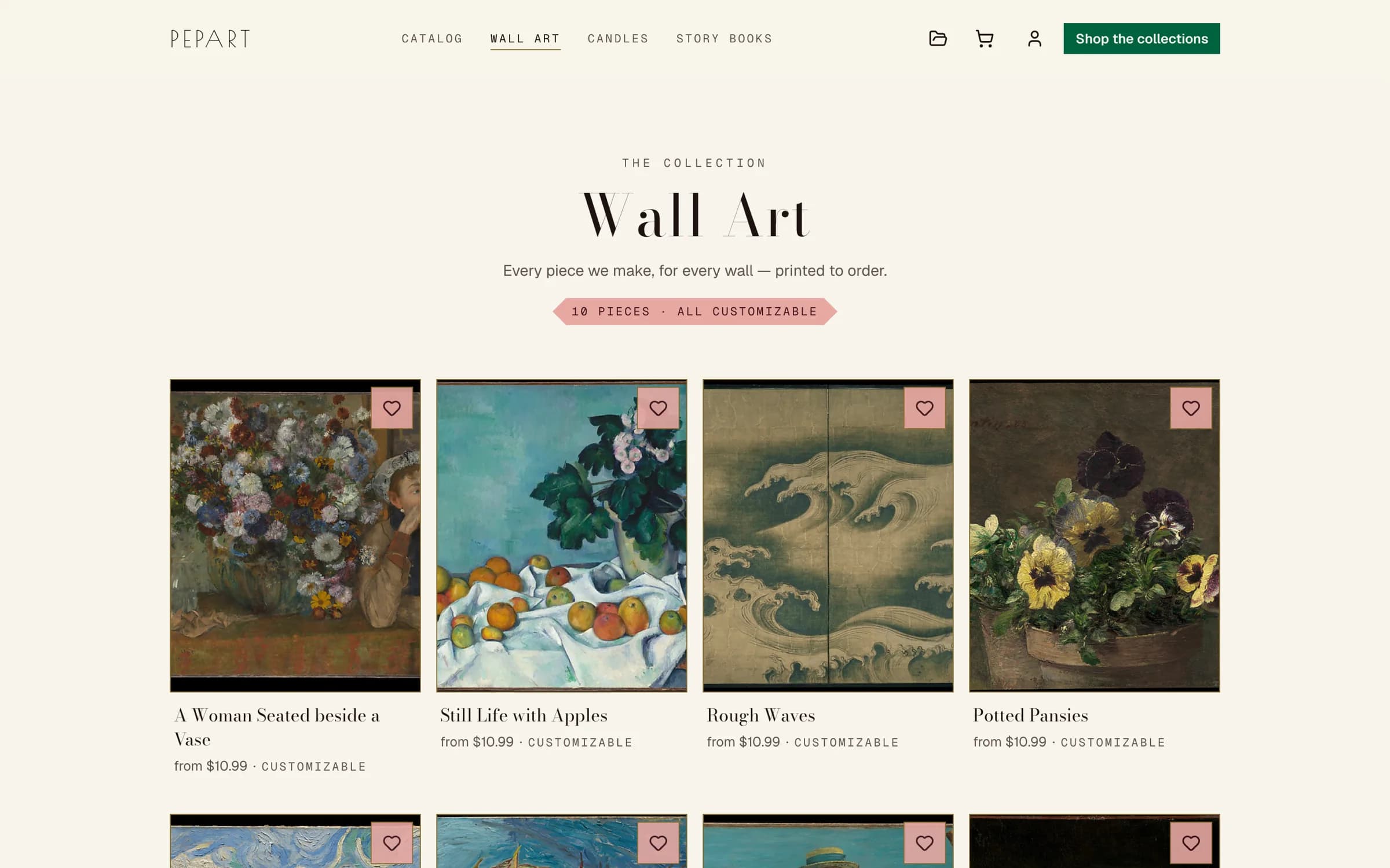 The Pepart wall-art category, showing framed prints available to configure.