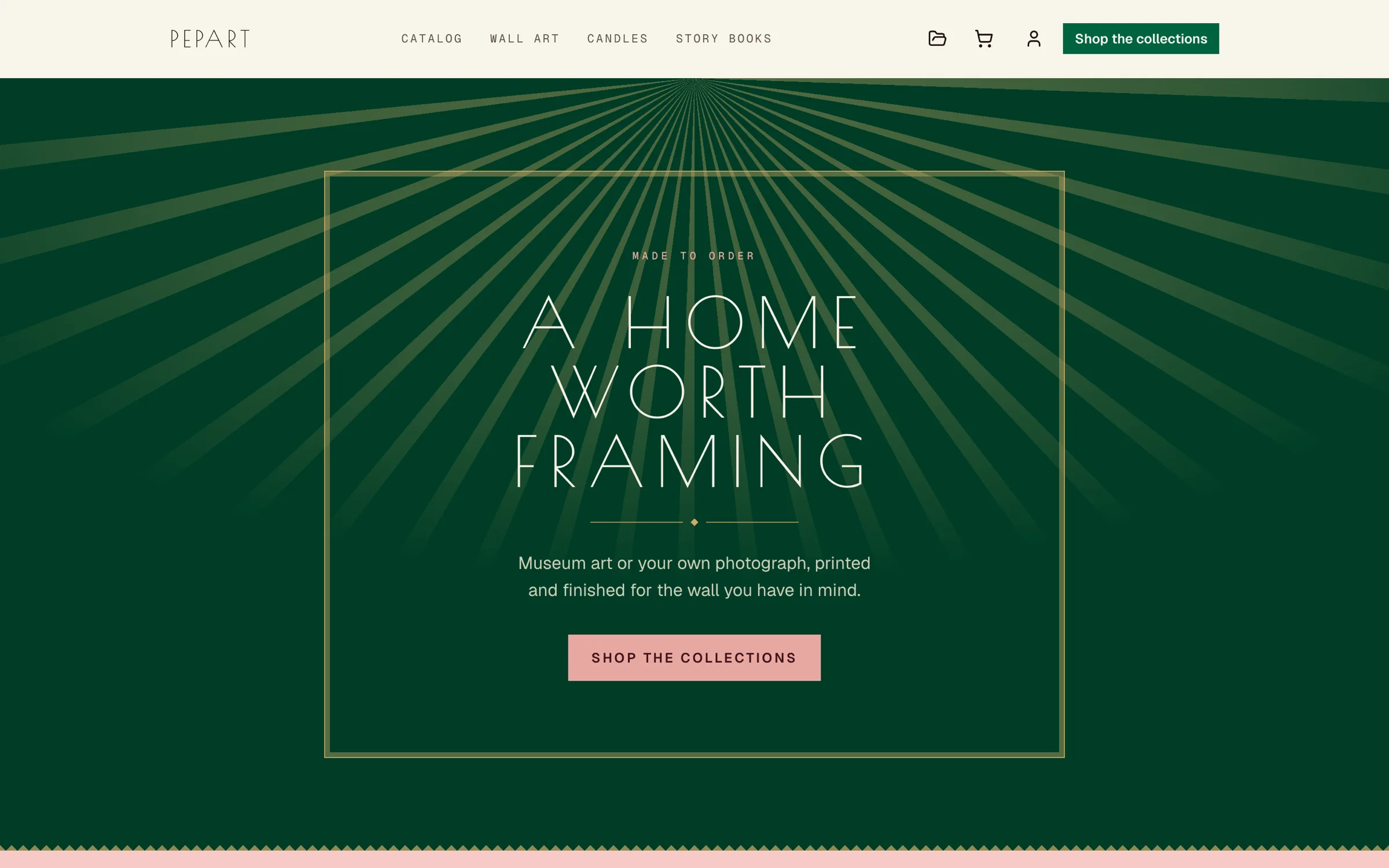 The Pepart storefront home page for made-to-order framed wall art.